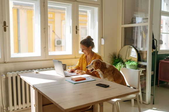 Employee working at ther desk with a dog